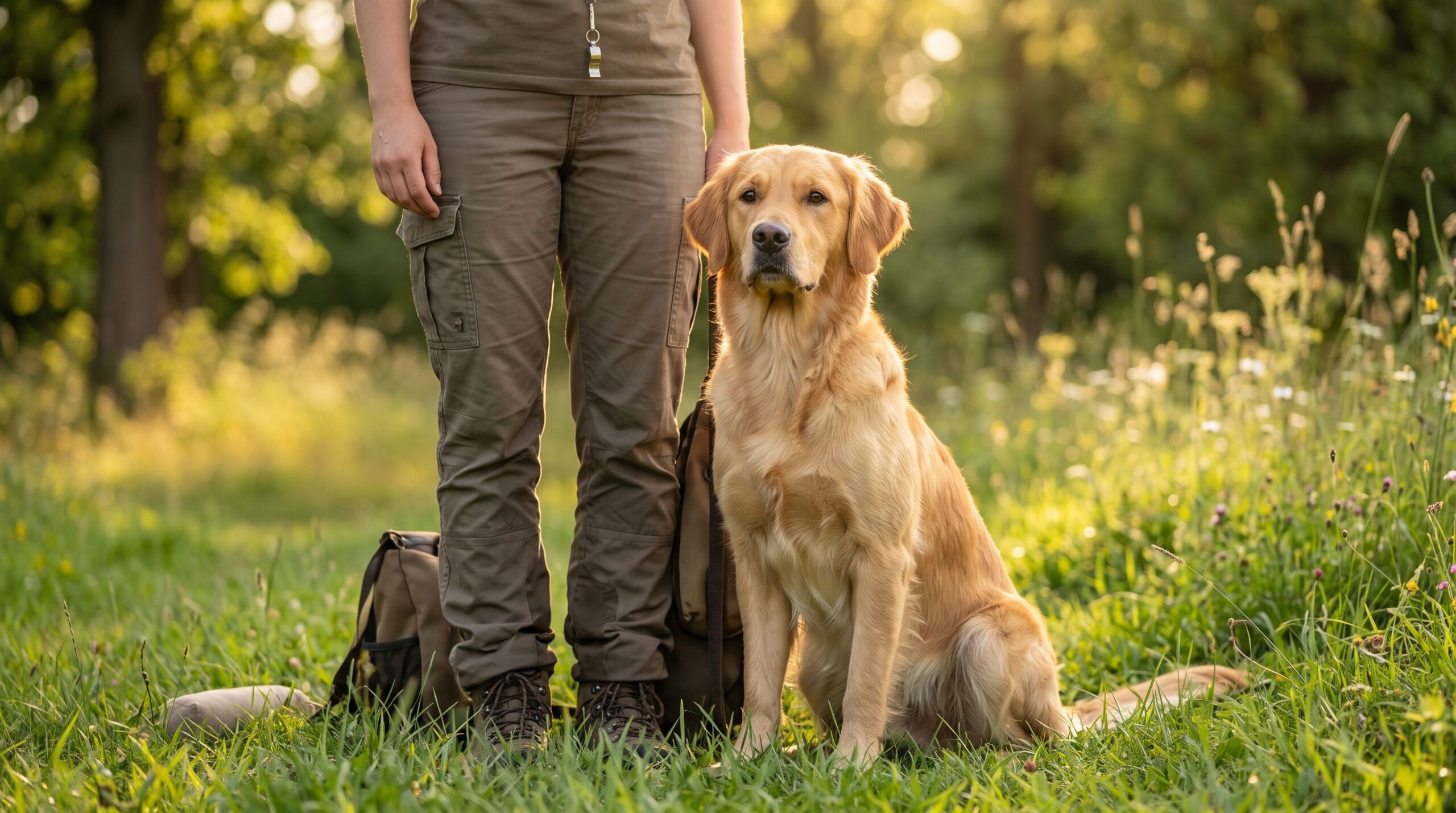 Gehorsam und Spaß Golden Retriever wartet geduldig am Beim